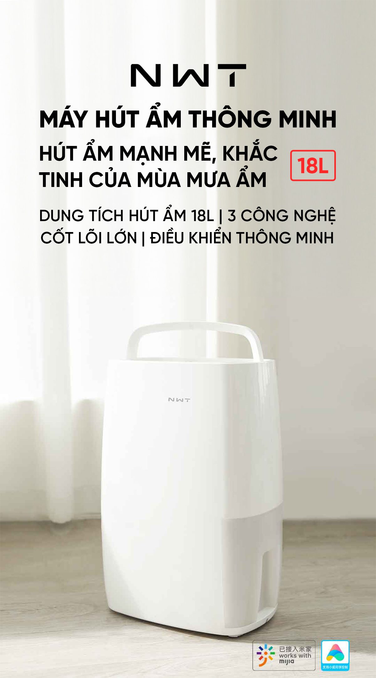 Máy Hút Ẩm Thông Minh Xiaomi NWT 18L Kèm Lưới Lọc Kháng Khuẩn