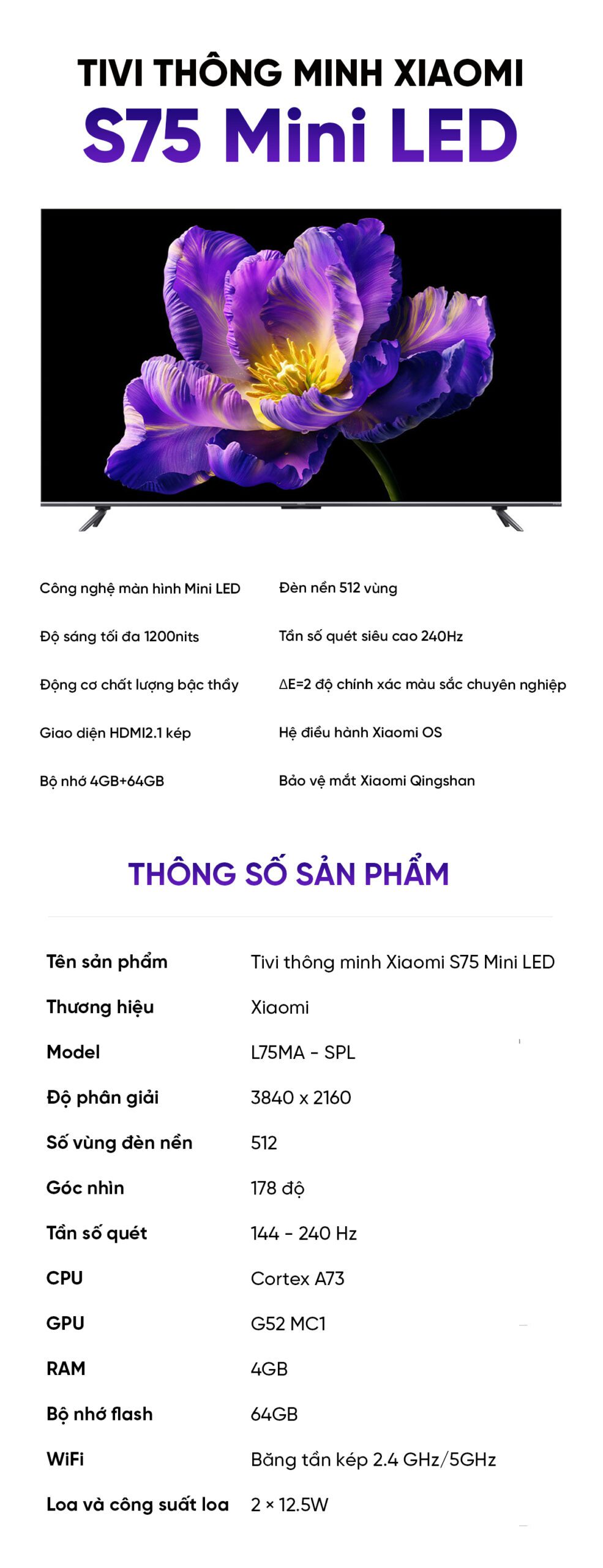 Tivi Xiaomi S 75 Mini LED 75 Inch 240Hz Ram 4/64GB