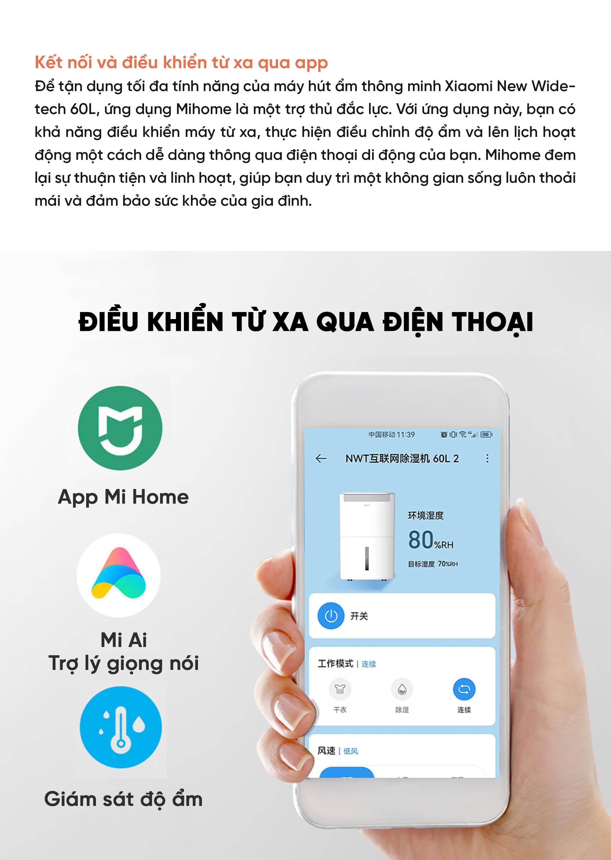 Máy Hút Ẩm Thông Minh Xiaomi NWT 60L Có Bánh Xe Kèm Lưới Lọc Kháng Khuẩn