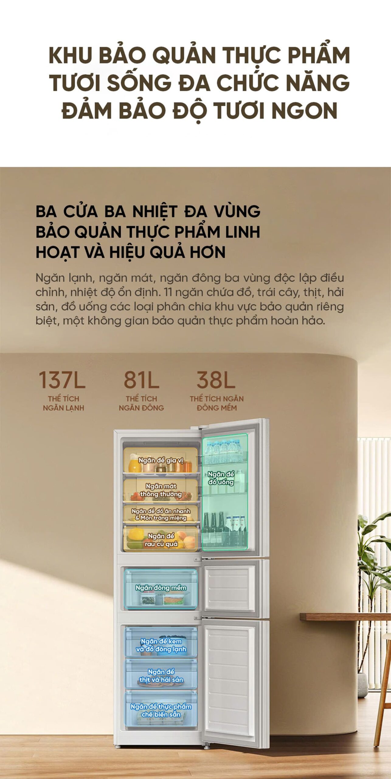 Tủ lạnh Xiaomi Mijia 256L thiết kế 3 cửa độc lập