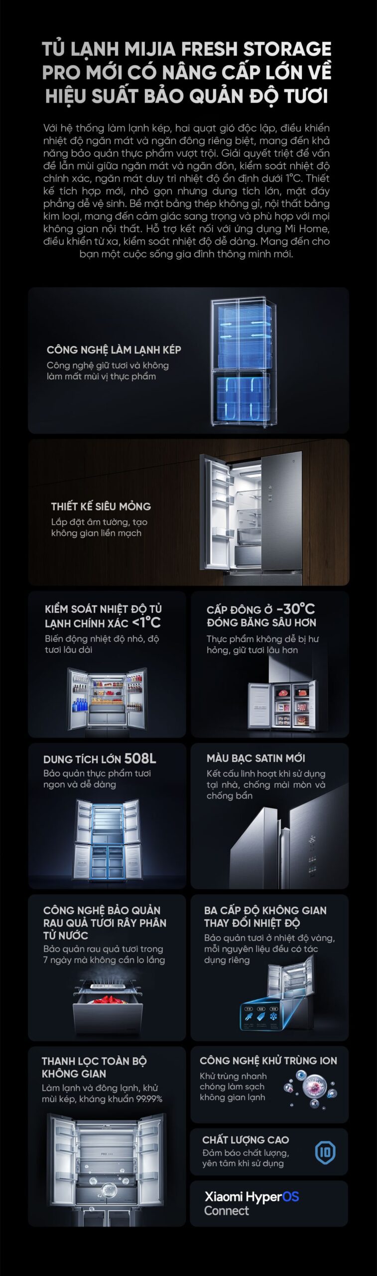 Tủ lạnh Xiaomi Mijia 508L Pro, 4 cửa, mặt đá pha lê