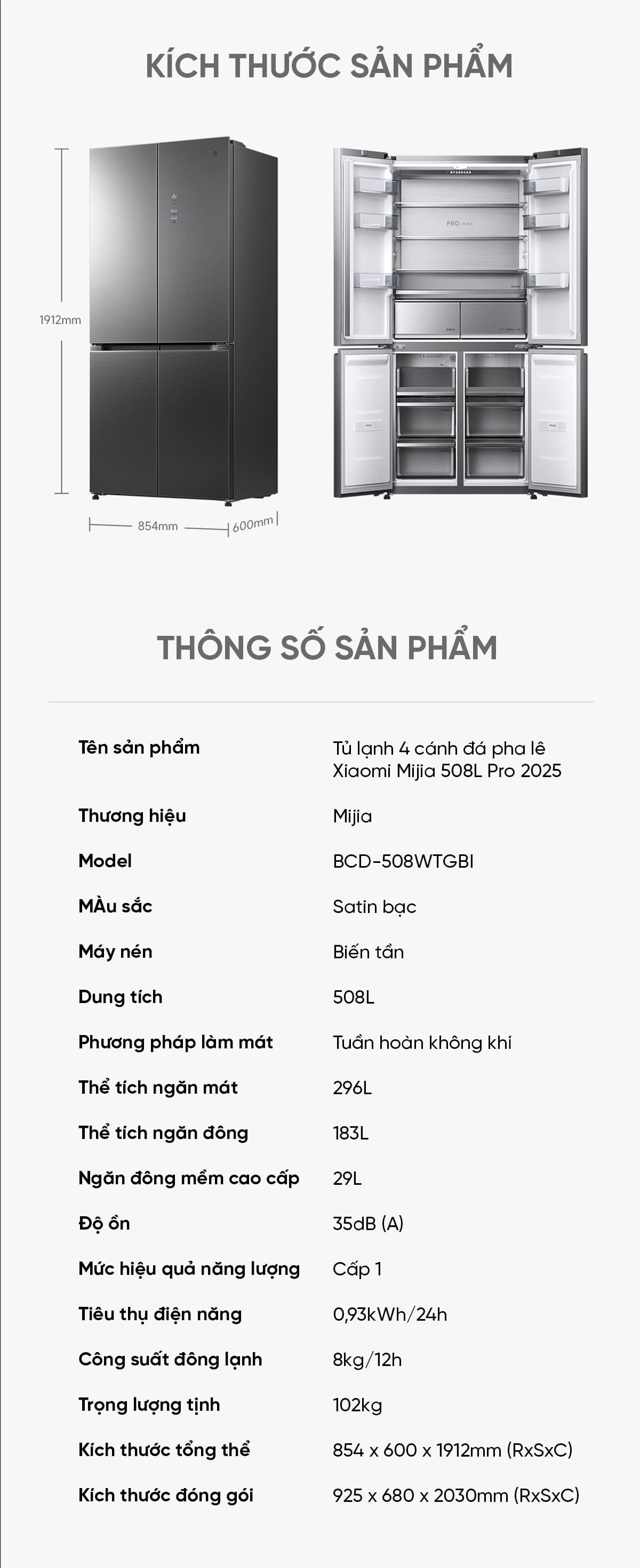 Tủ lạnh Xiaomi Mijia 508L Pro, 4 cửa, mặt đá pha lê