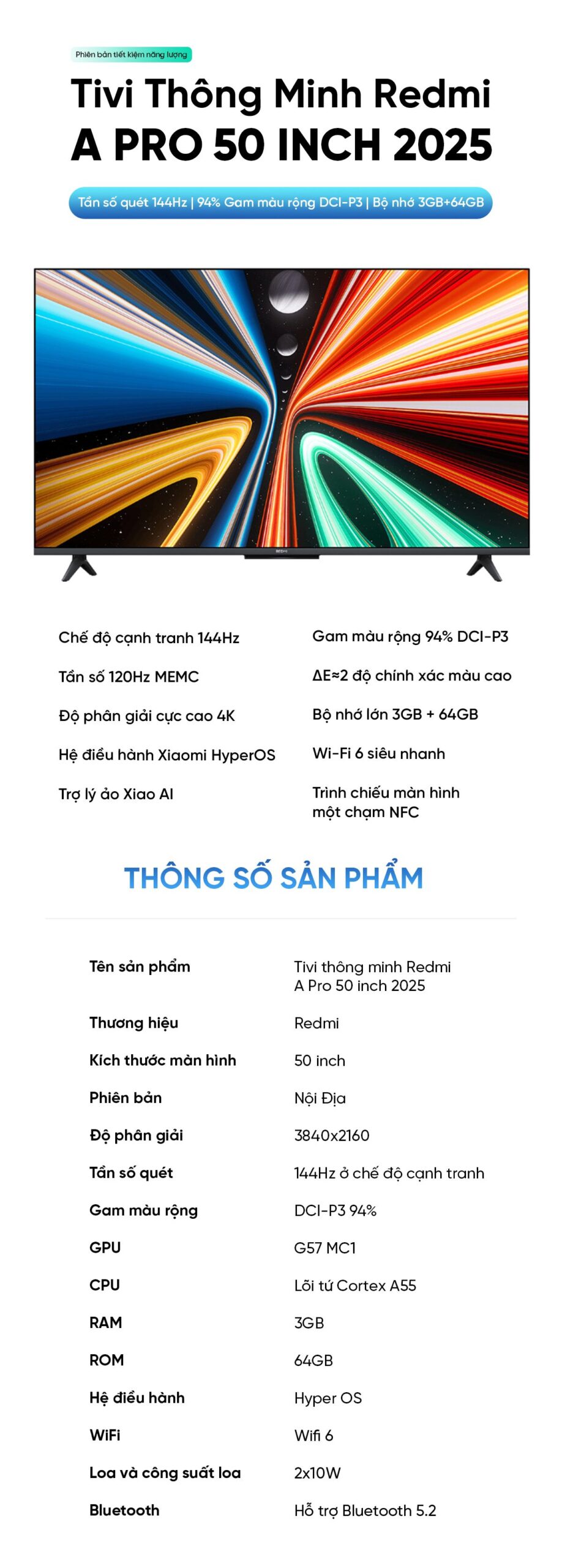 Tivi Xiaomi Redmi A Pro 50 Inch Ram 3/64GB 144Hz Tiết Kiệm Điện