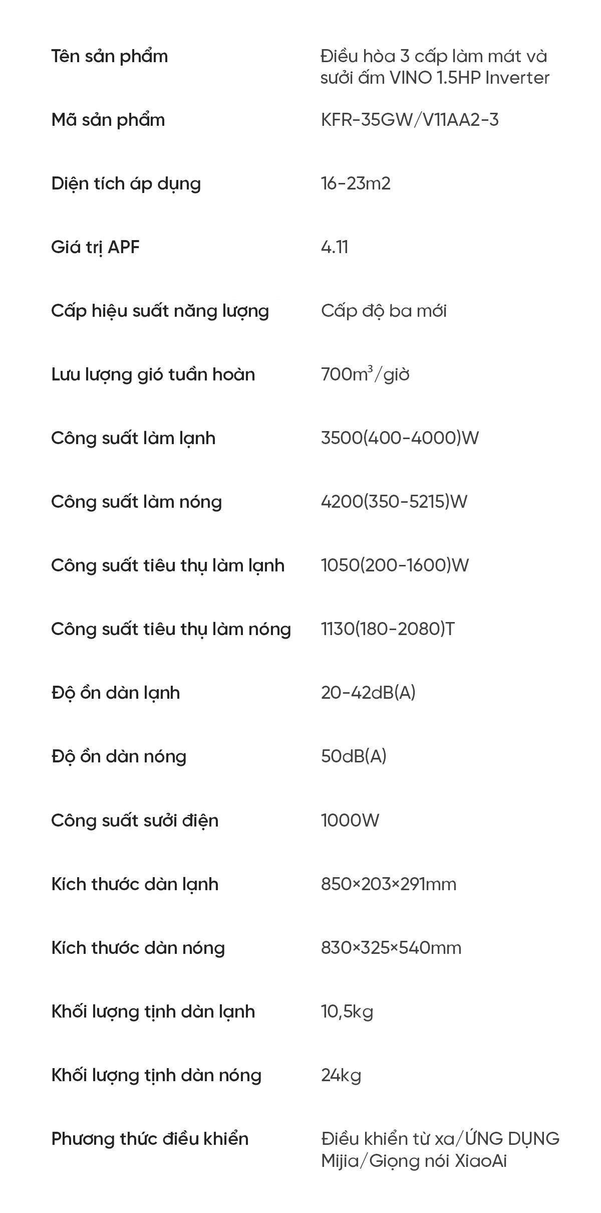 Điều hòa 2 chiều Xiaomi Vino 12000 BTU 1.5HP tiết kiệm điện cấp 3 KFR-35GW/V11AA2-3