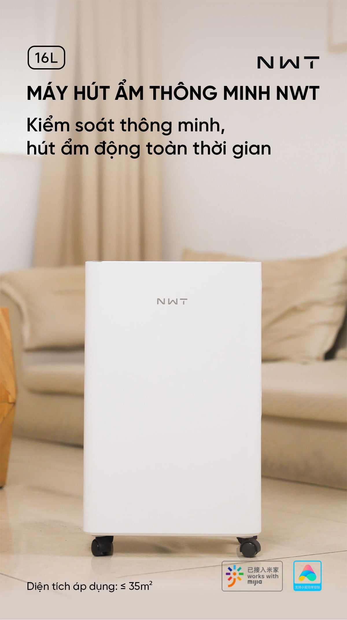 Máy Hút Ẩm Thông Minh Xiaomi NWT 16L Có Bánh Xe Kèm Lưới Lọc Kháng Khuẩn