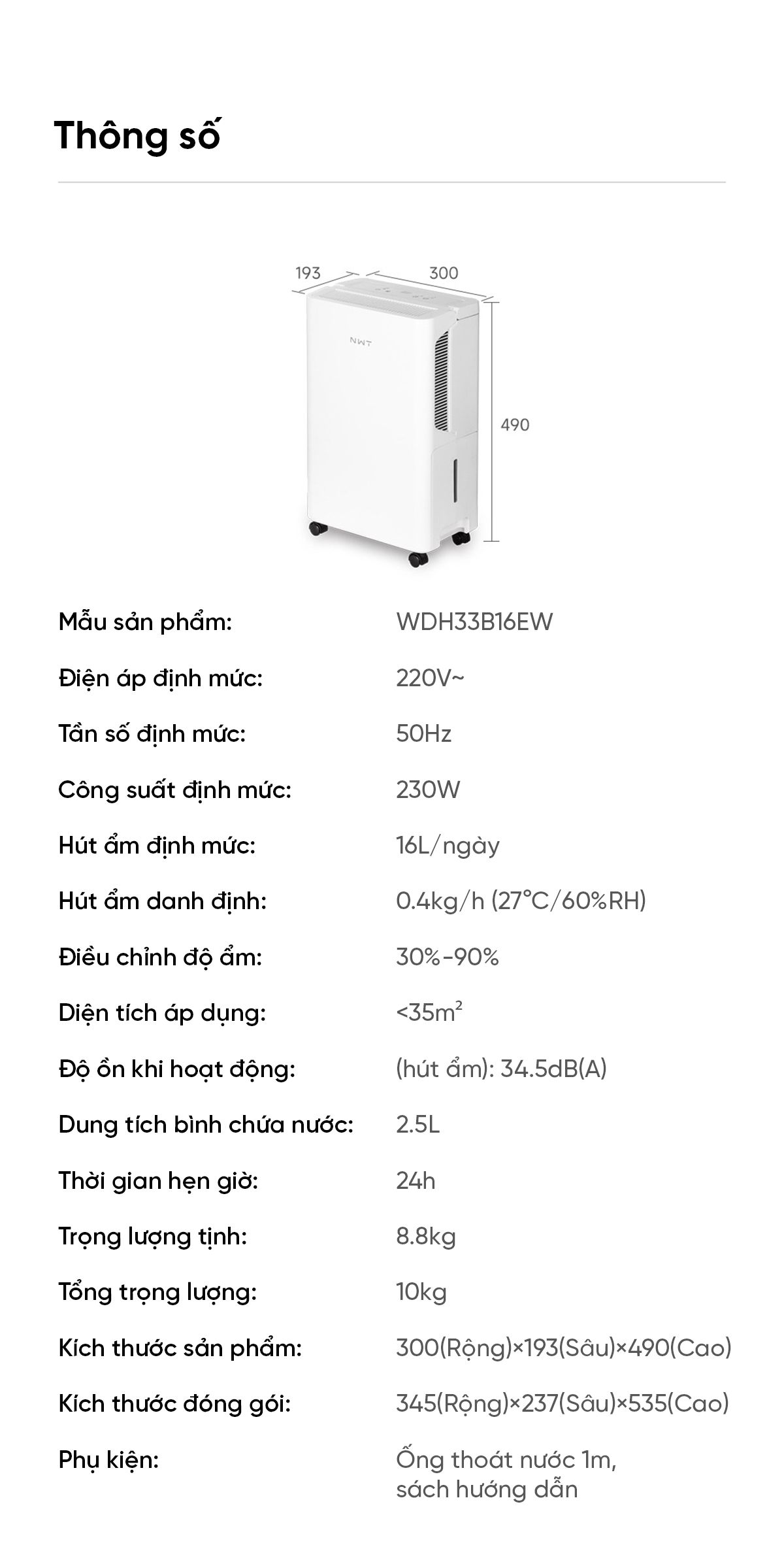 Máy Hút Ẩm Thông Minh Xiaomi NWT 16L Có Bánh Xe Kèm Lưới Lọc Kháng Khuẩn