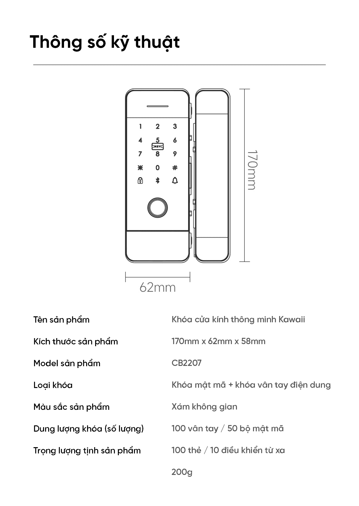 Khóa vân tây cửa kính thông minh Xiaomi Kawaii CB2207