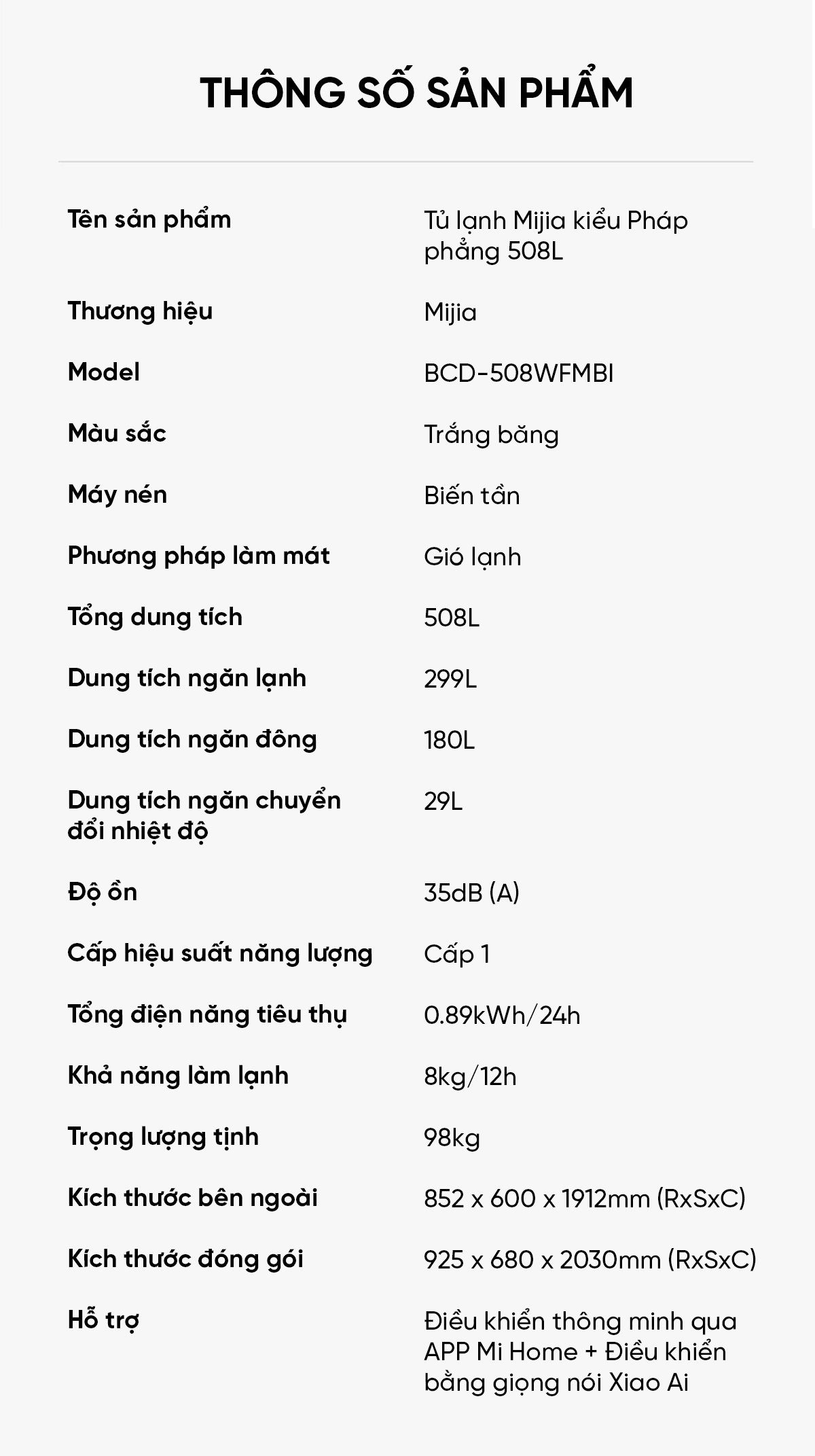 Tủ lạnh Xiaomi Mijia 508L kiểu Pháp Màu Trắng