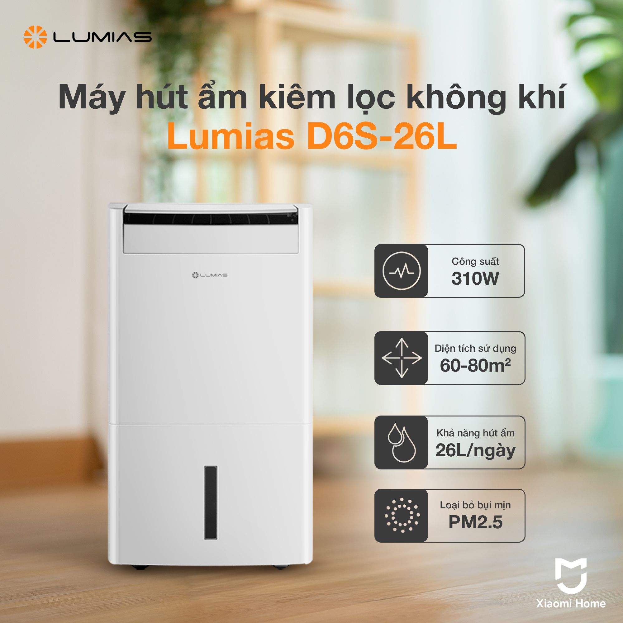 Máy hút ẩm kiêm lọc khí thông minh 26L Lumias D6S-26L (HEPA)