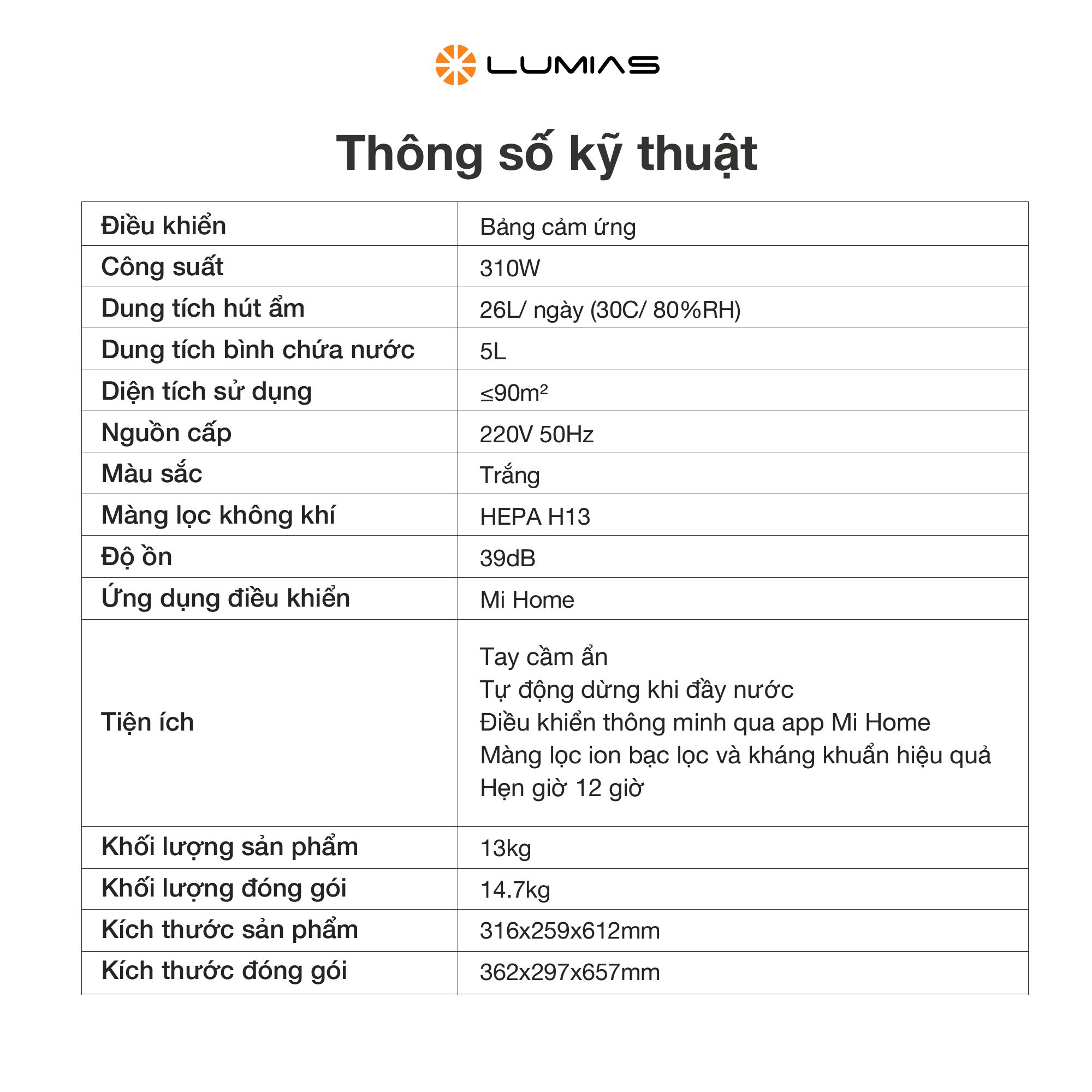 Máy hút ẩm kiêm lọc khí thông minh 26L Lumias D6S-26L (HEPA)