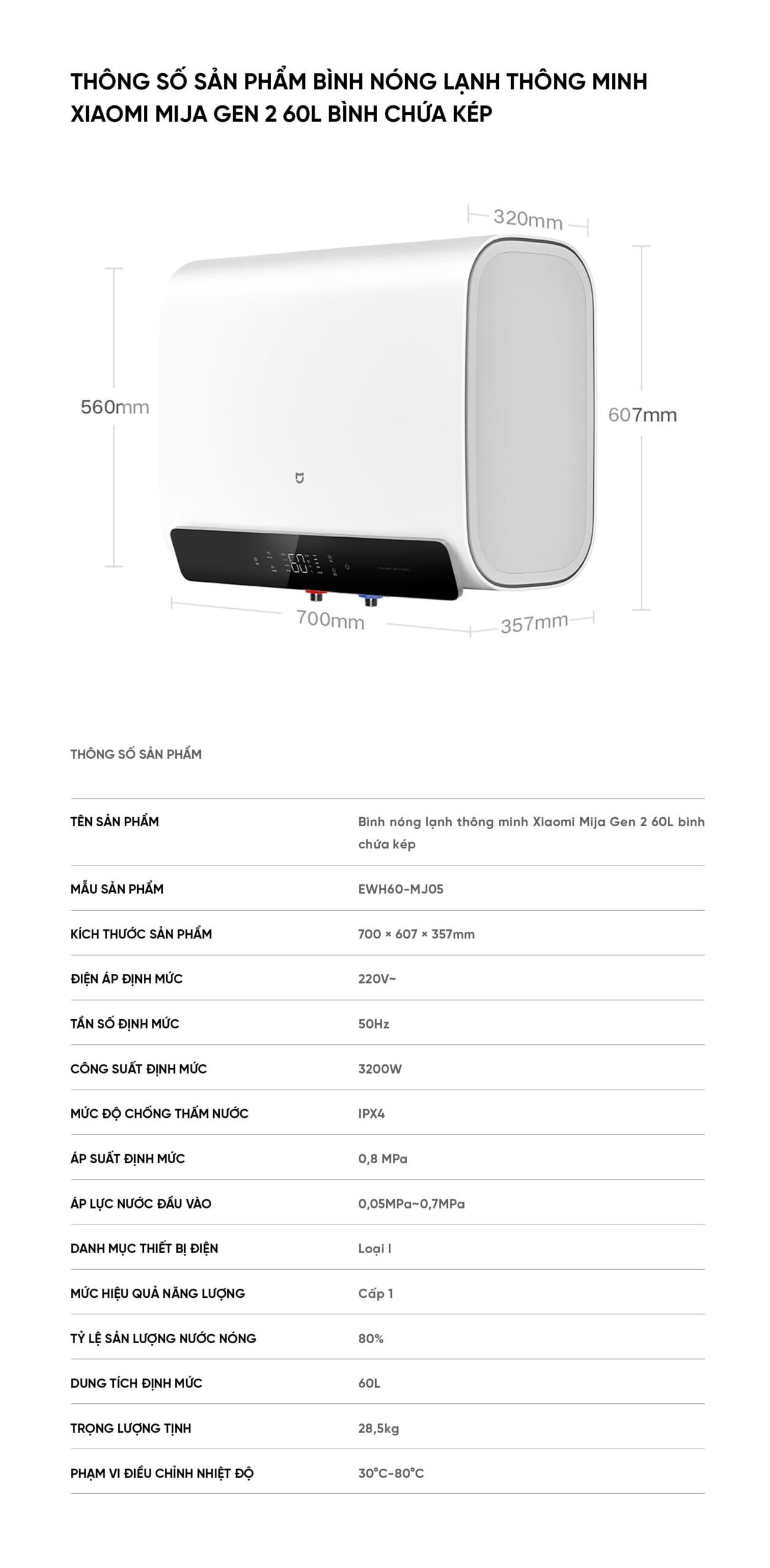 Bình Nóng Lạnh Thông Minh Xiaomi Mija Gen 2 60L Bình Chứa Kép