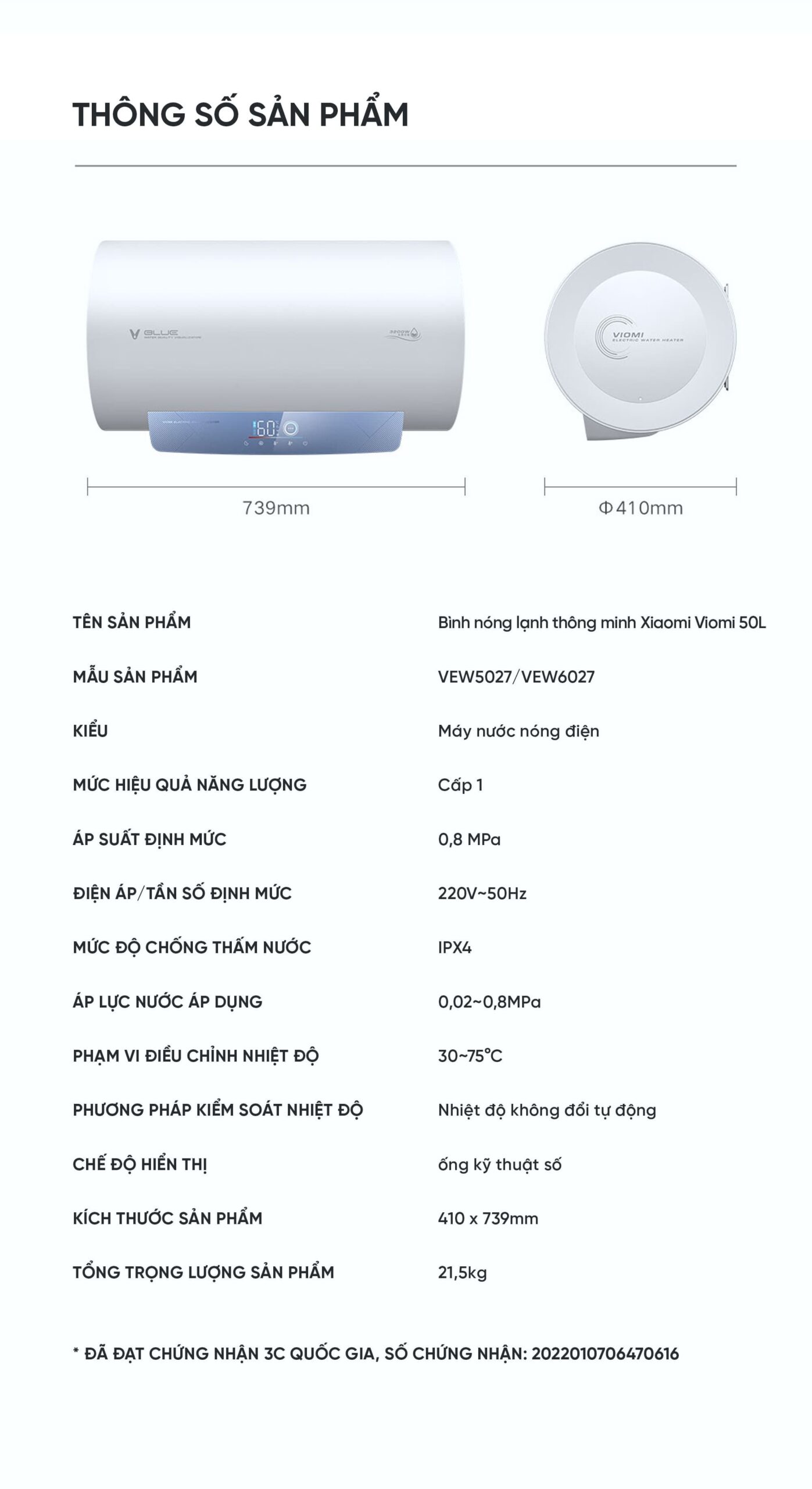 Bình Nóng Lạnh Thông Minh Xiaomi Viomi 50L Tiết Kiệm Điện Cấp 1