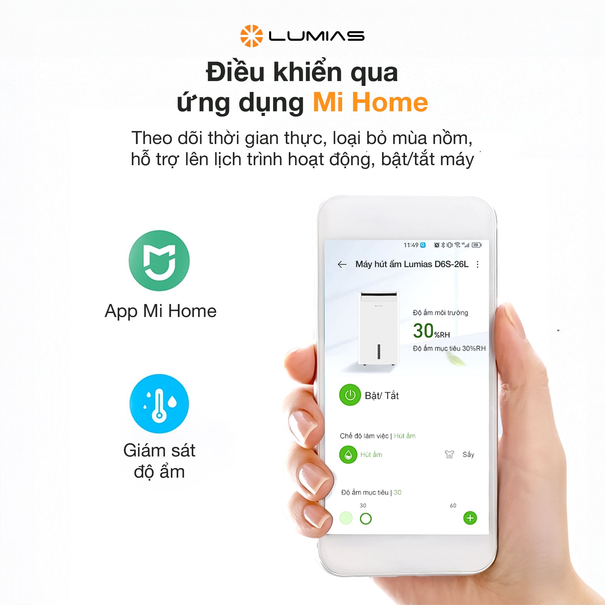 Máy hút ẩm kiêm lọc khí thông minh 26L Lumias D6S-26L (HEPA)