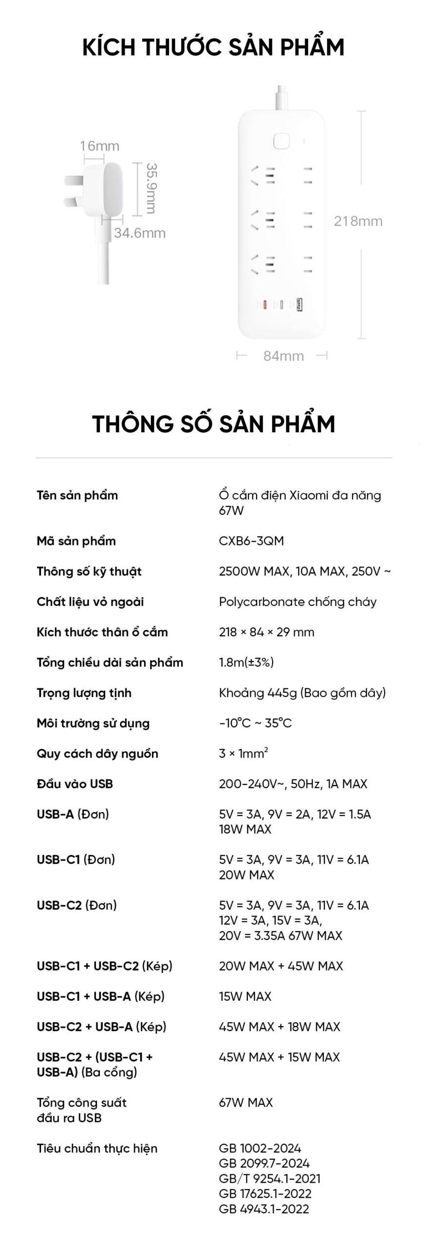 Ổ cắm điện Xiaomi đa năng 67W, Công suất 2500W, Chống cháy 750 độ