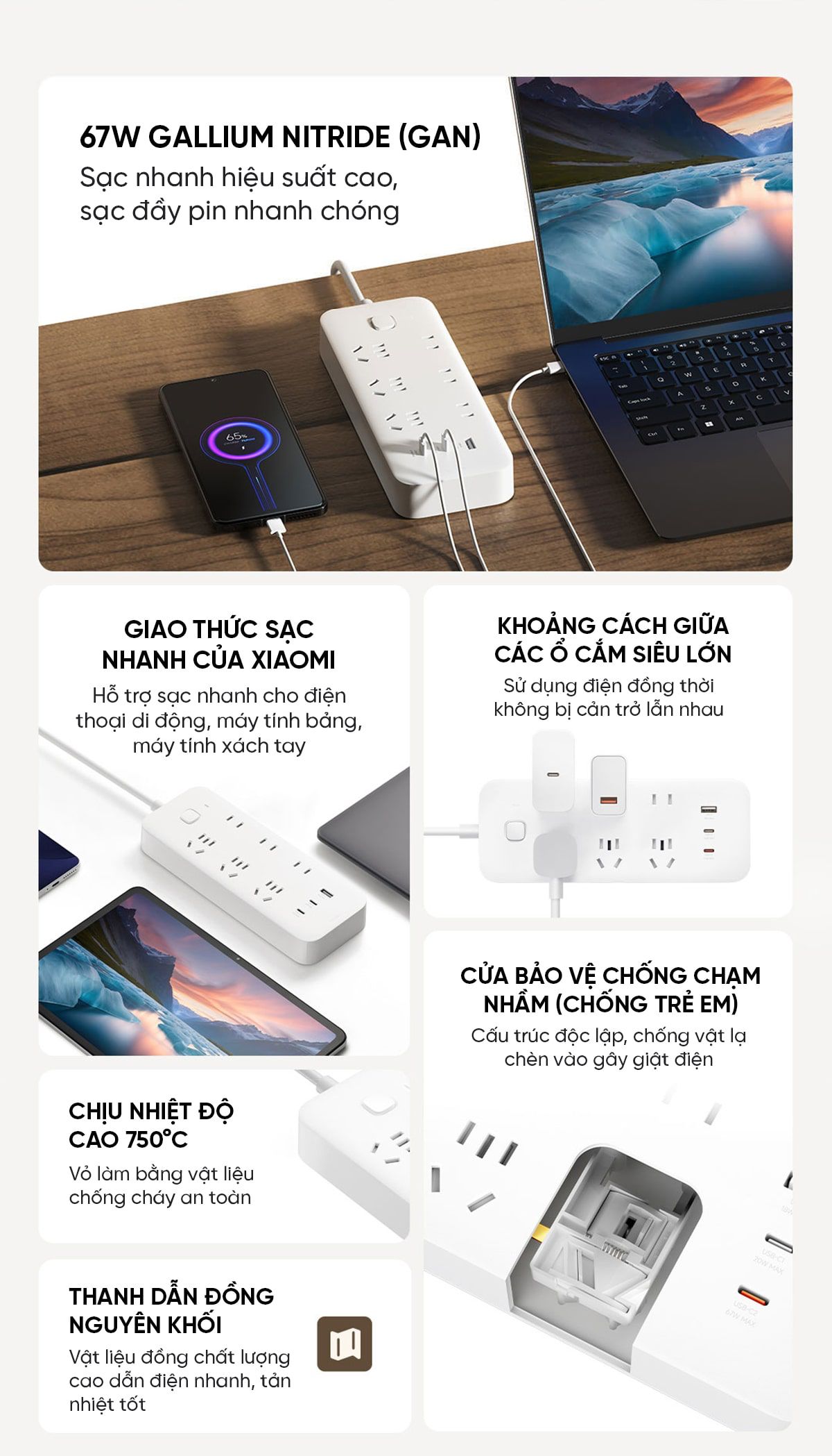 Ổ cắm điện Xiaomi đa năng 67W, Công suất 2500W, Chống cháy 750 độ