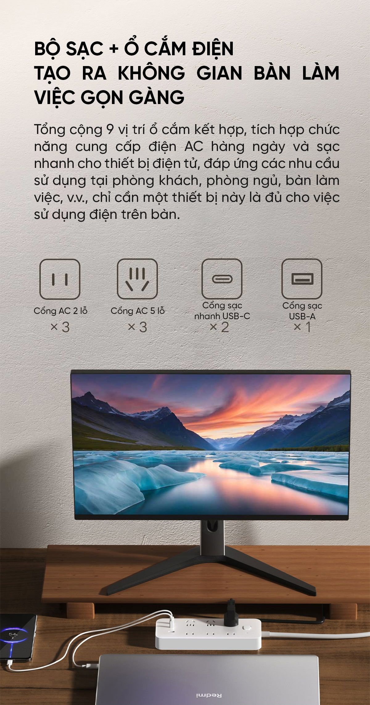 Ổ cắm điện Xiaomi đa năng 67W, Công suất 2500W, Chống cháy 750 độ