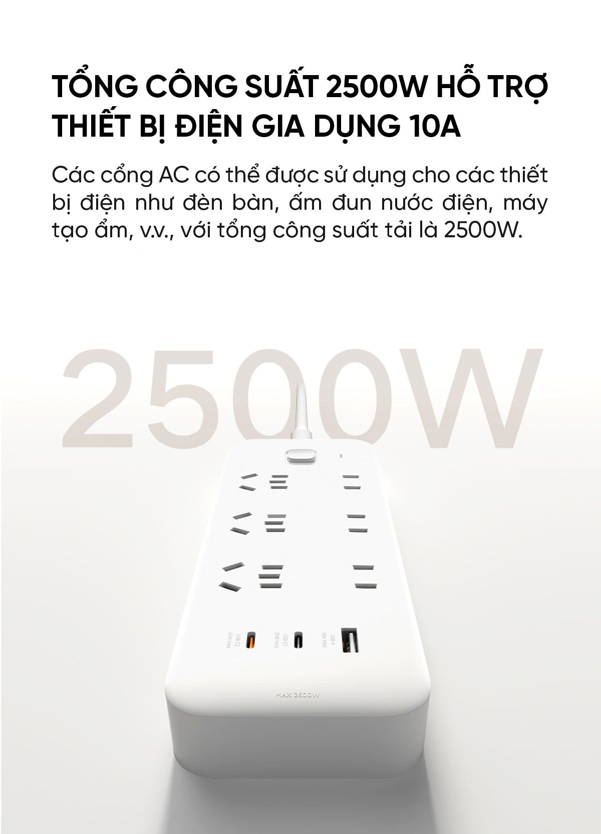 Ổ cắm điện Xiaomi đa năng 67W, Công suất 2500W, Chống cháy 750 độ