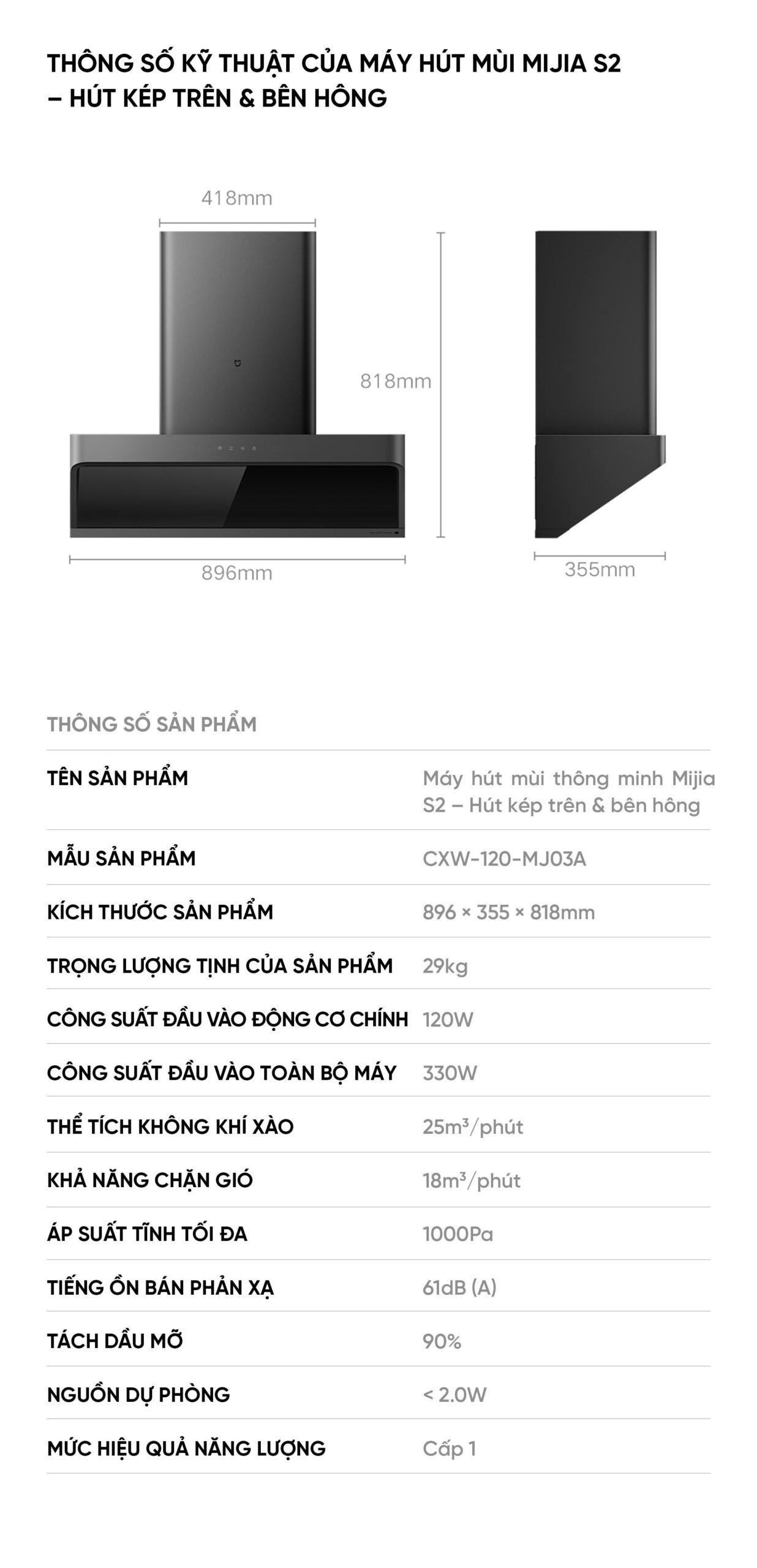 Máy hút mùi thông minh Mijia S2 – Hút kép trên & bên hông