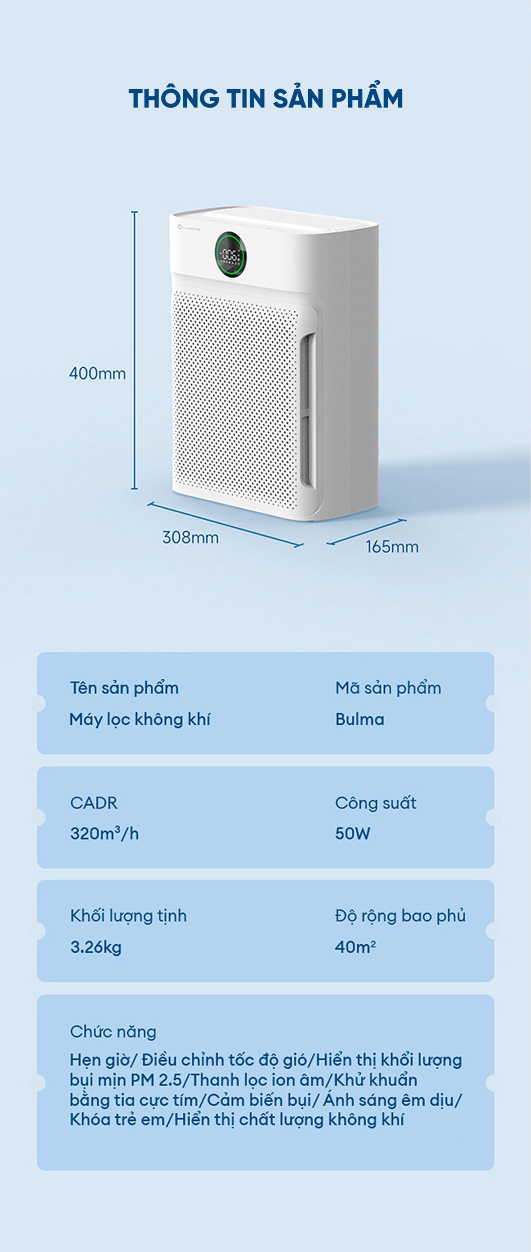 Máy lọc không khí Lumias Bulma - 50W, 40m²