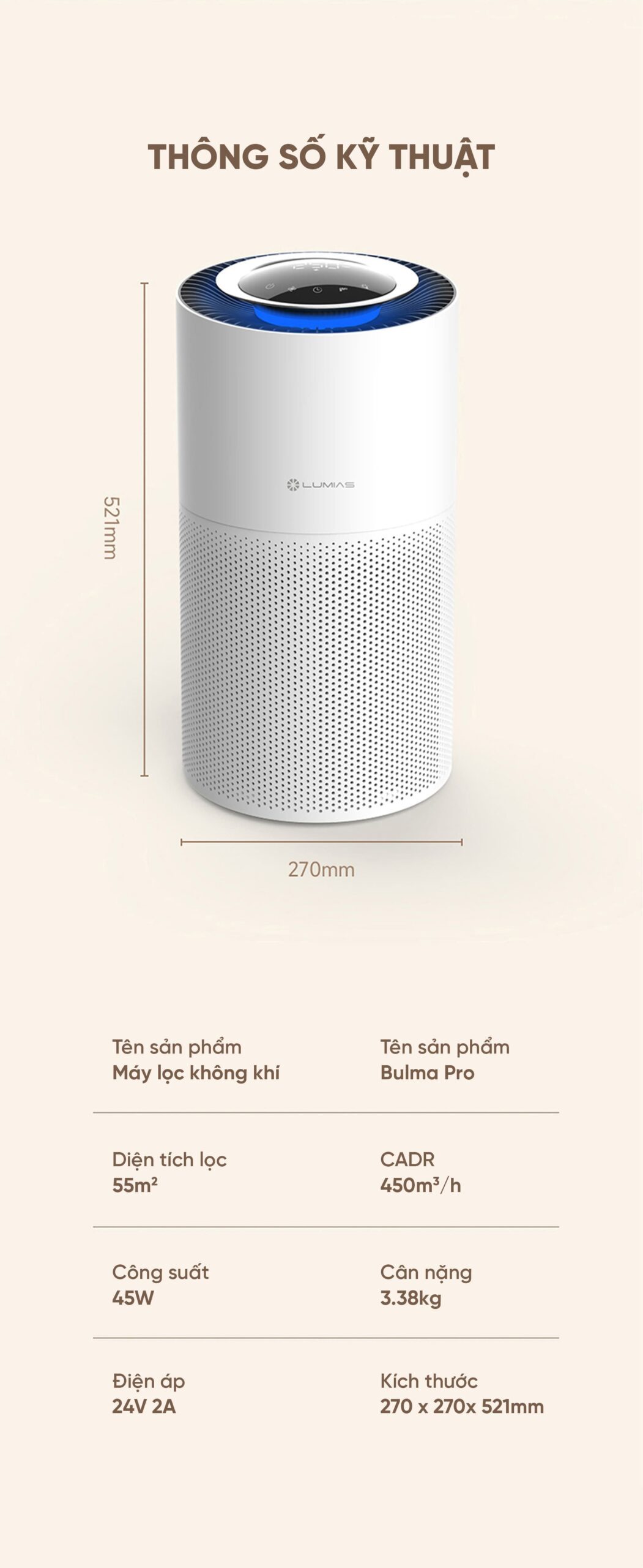 Máy lọc không khí Lumias Bulma Pro - 45W, 55m²