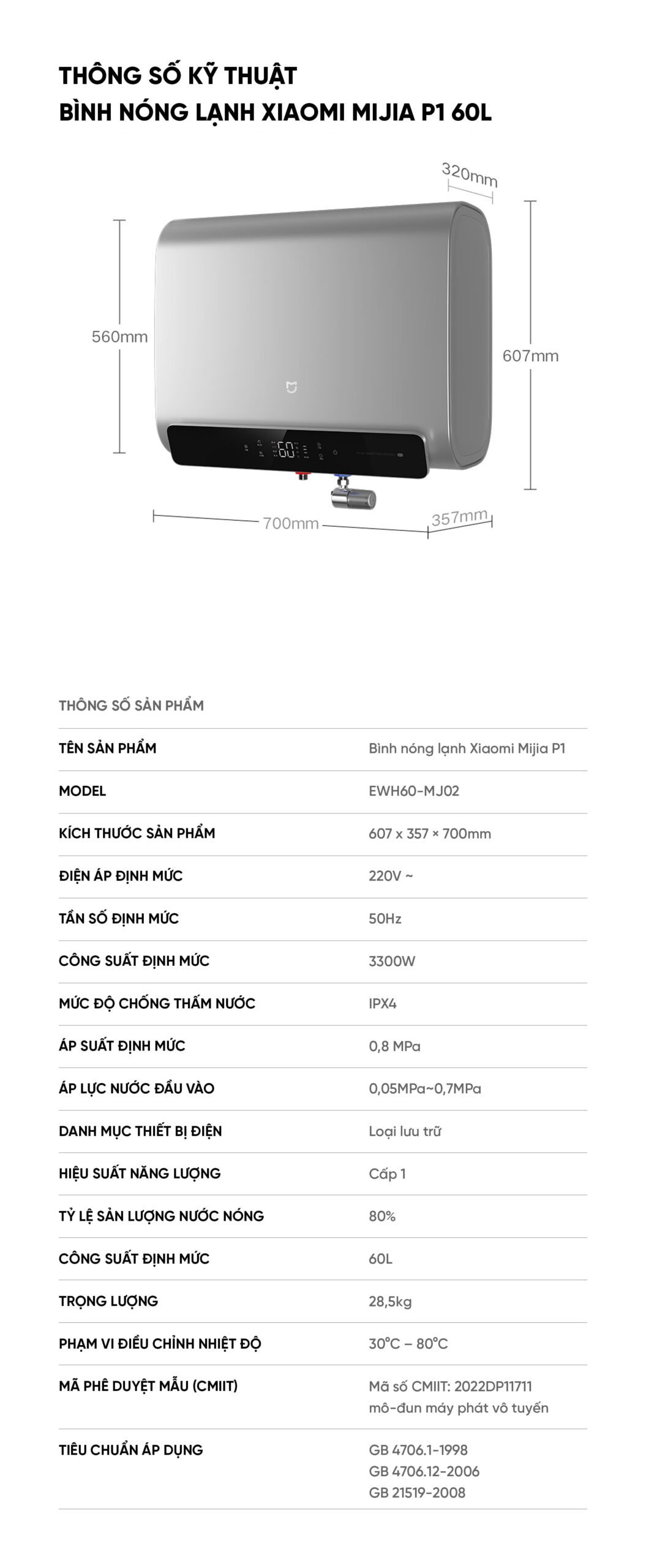 Bình nóng lạnh Xiaomi Mijia P1 60L