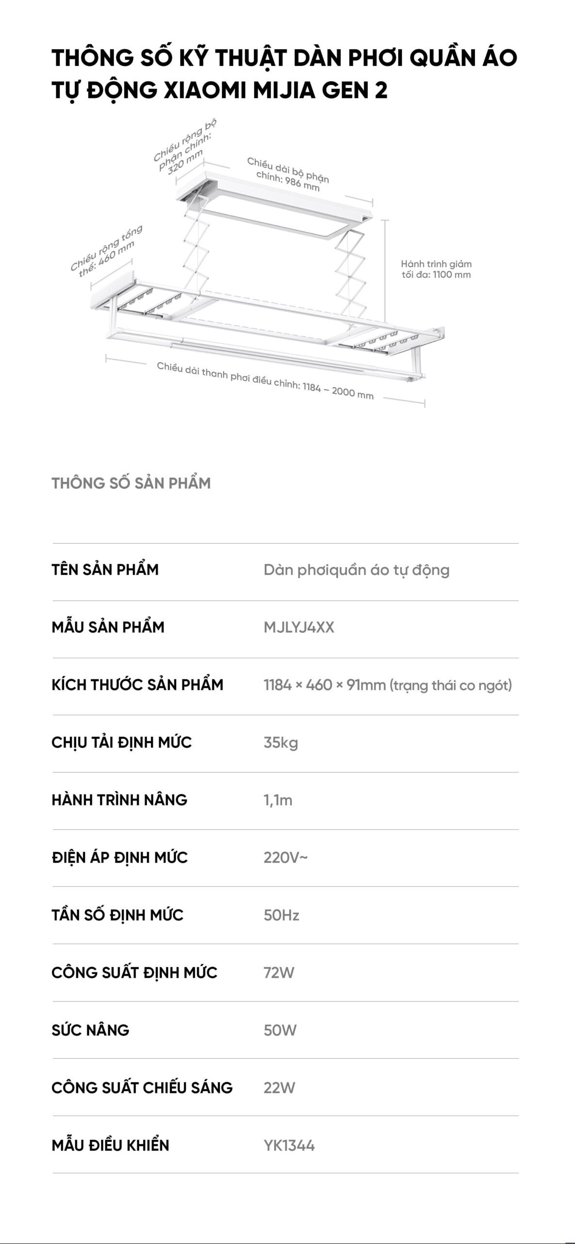 Dàn phơi quần áo tự động Xiaomi Mija Gen 2 Điều khiển qua App Thông Minh