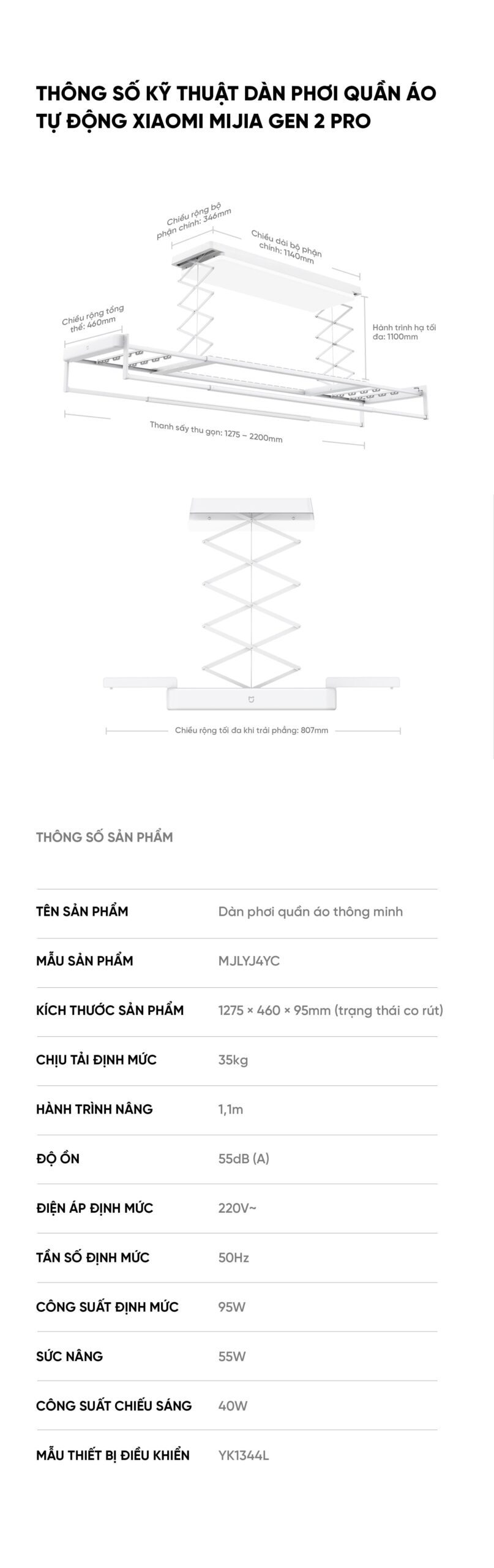 Dàn phơi quần áo tự động Xiaomi Mija Gen 2 Pro Điều khiển qua App Thông Minh