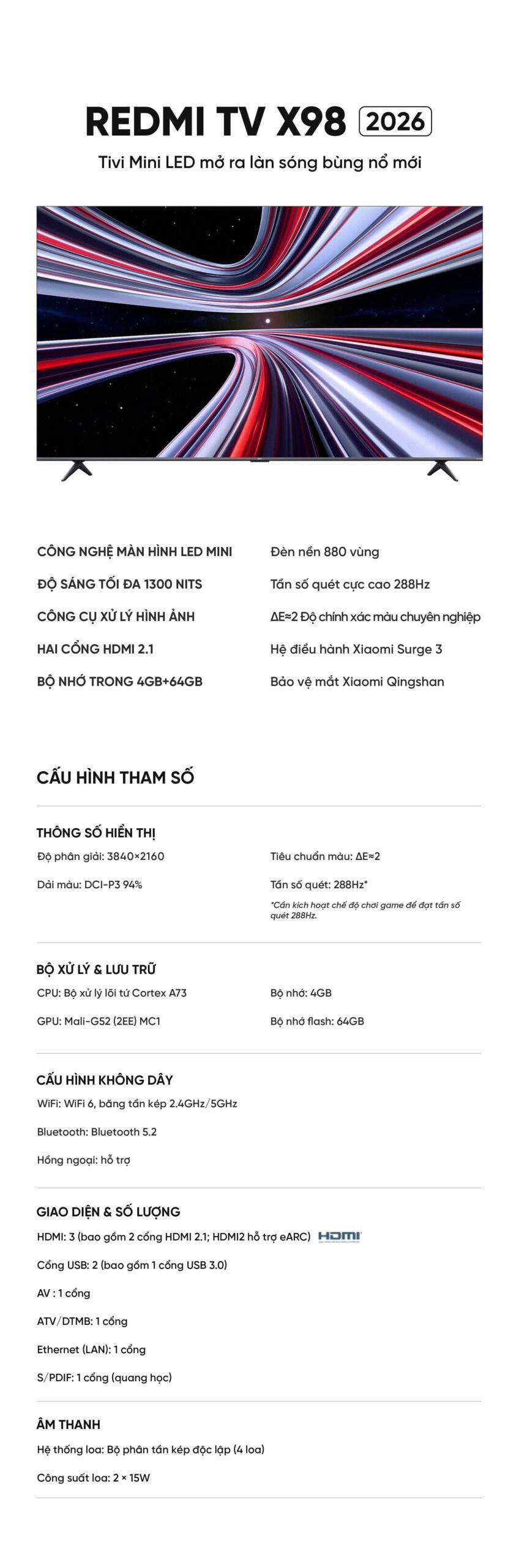Tivi Xiaomi Redmi X98 inch Miniled Ram 4/64Gb 2026 độ sáng 1300nits 288Hz