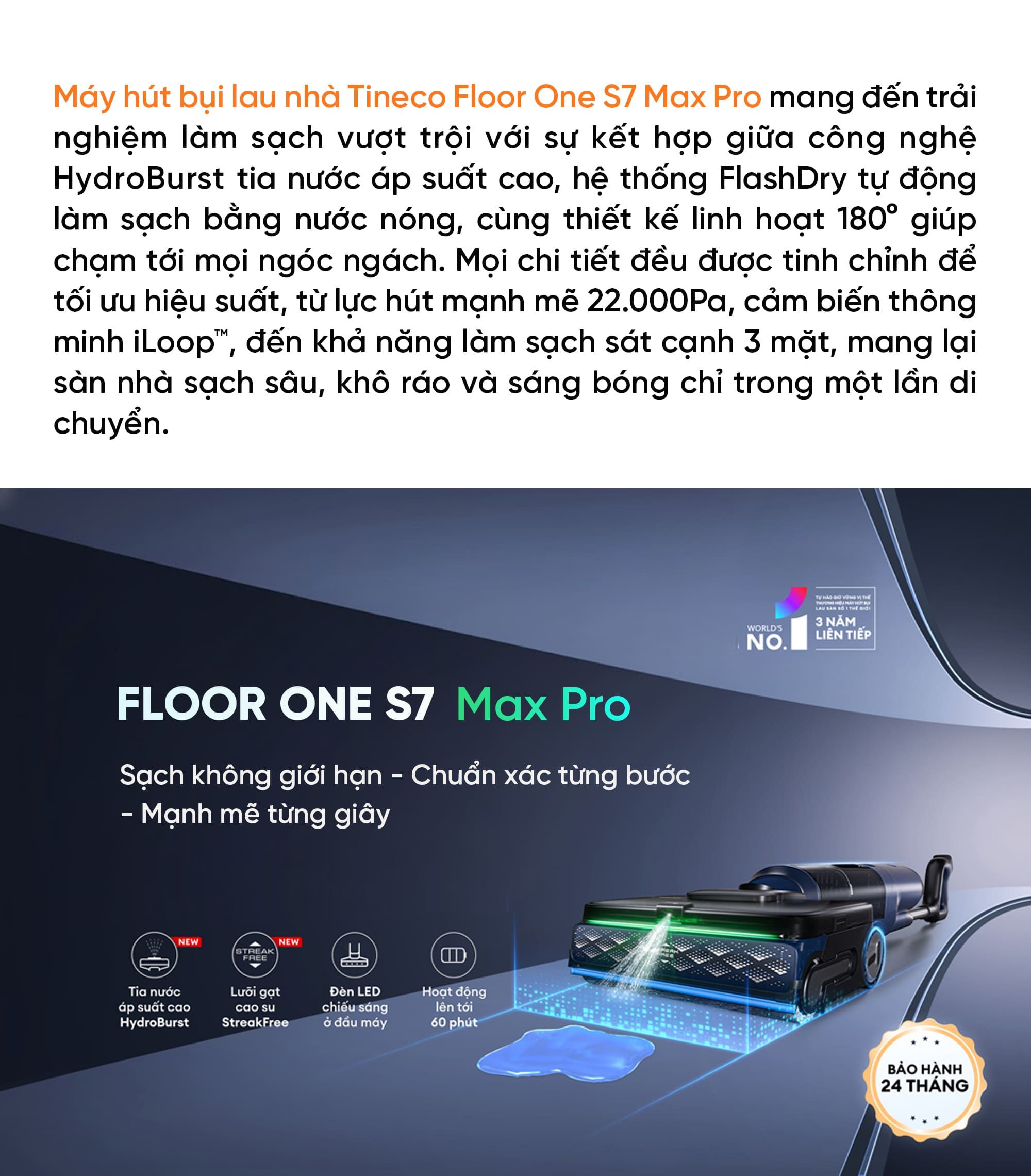 Máy hút bụi lau nhà Tineco Floor One S7 Max Pro – Hàng Chính Hãng