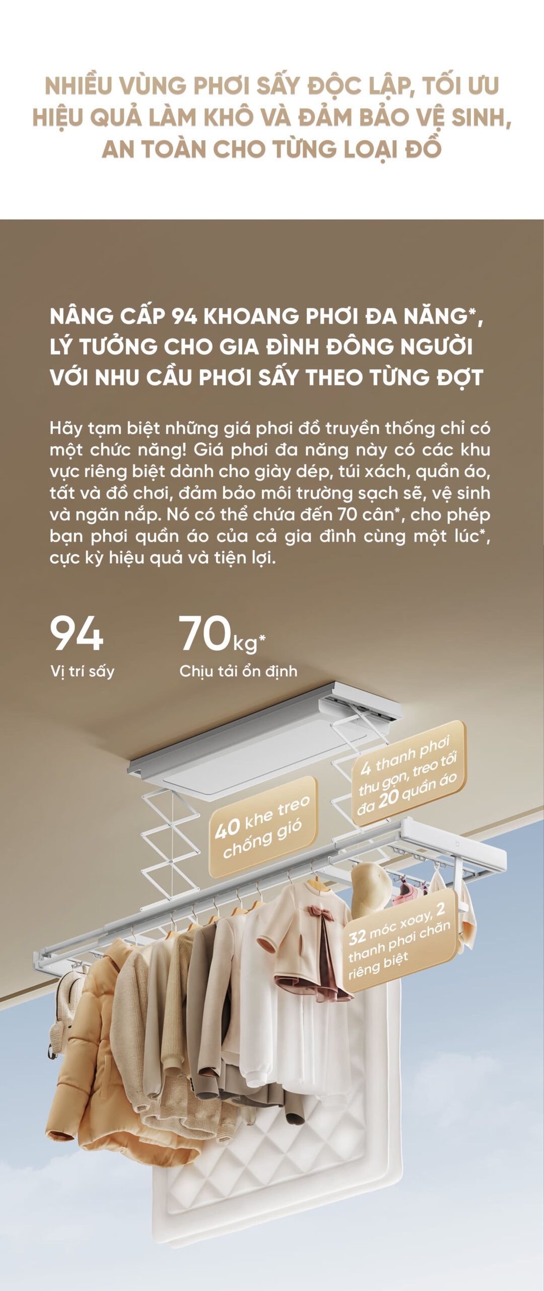 Dàn phơi quần áo tự động Xiaomi Mija Gen 2 Điều khiển qua App Thông Minh