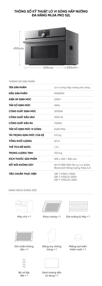 Lò vi sóng hấp nướng đa năng Xiaomi Mija Pro 52L Kết Nối App Model 2026