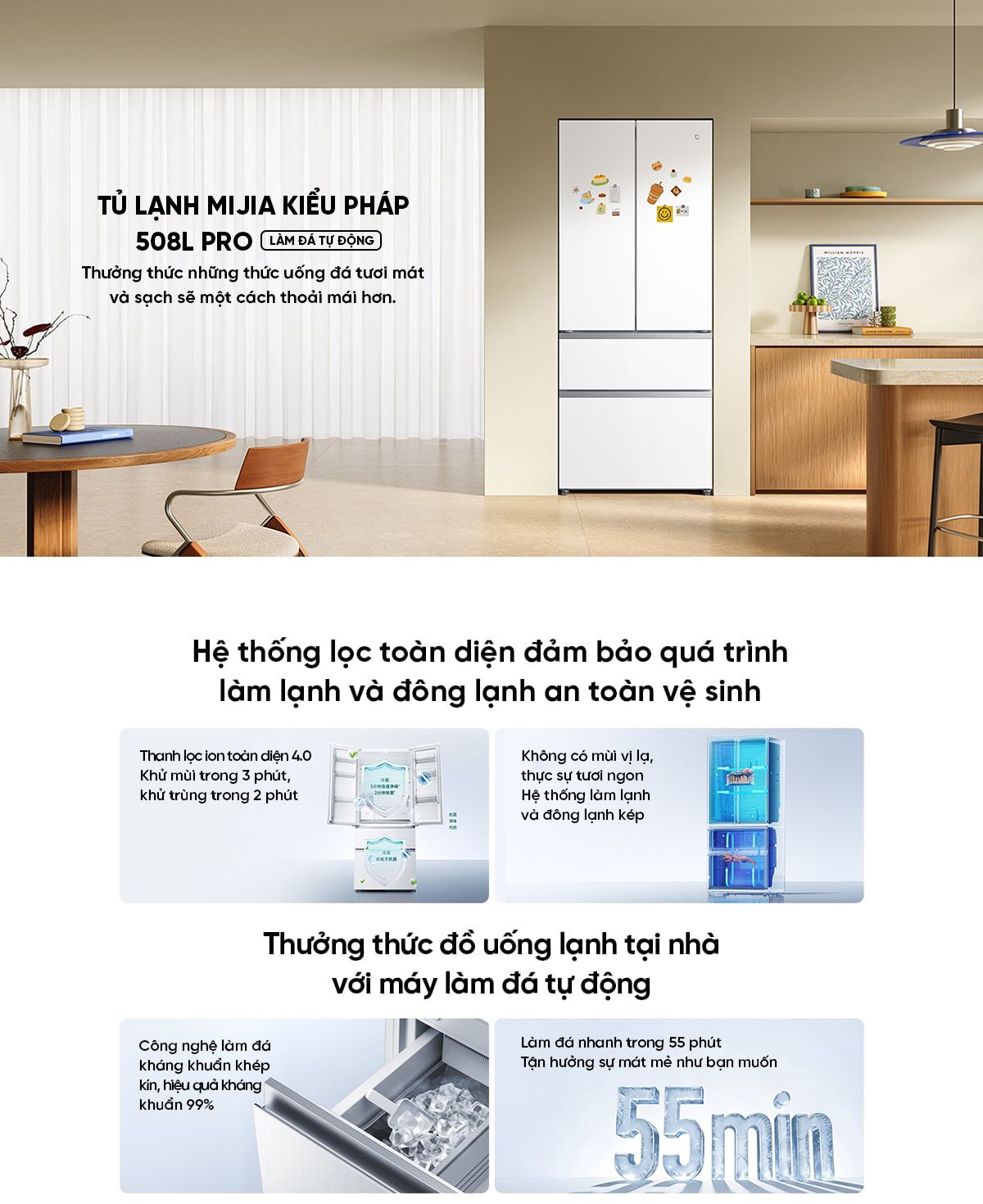 Tủ Lạnh 508L Pro Kiểu pháp 2026 Làm Đá Tự Động