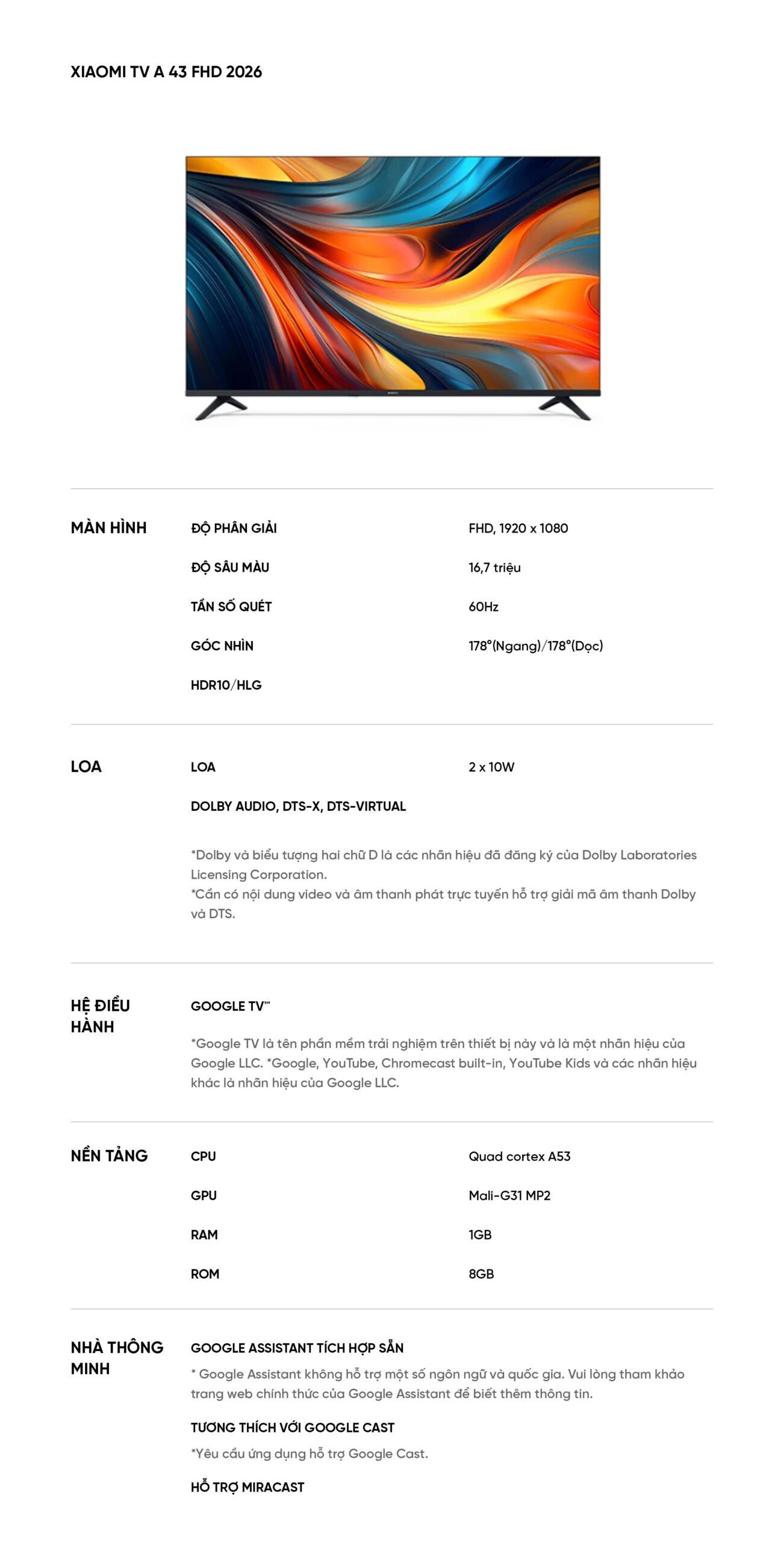 Tivi Xiaomi A 43 FHD Google TV 2026 - Bản Quốc Tế